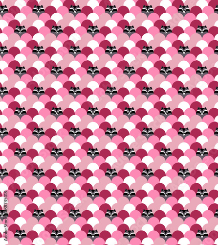 Seamless background with raccoon muzzles. pattern for kids goods.  Funny romantic pink cute animal face