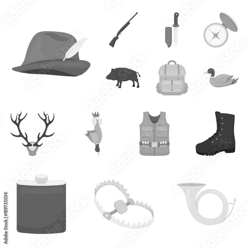 Hunting and trophy monochrome icons in set collection for design. Hunting and equipment vector symbol stock web illustration.