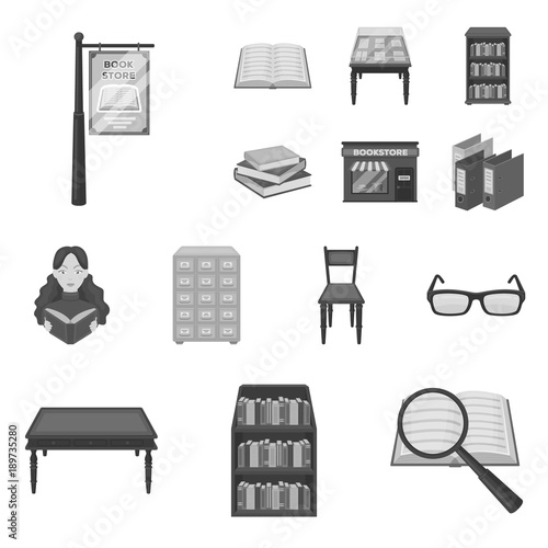 Library and bookstore monochrome icons in set collection for design. Books and furnishings vector symbol stock web illustration.