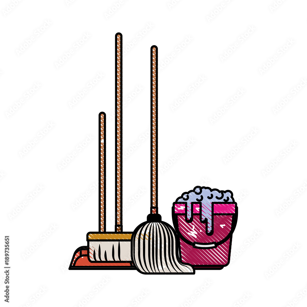 dustpan and broom and mop and bucket with water and soap detergent in