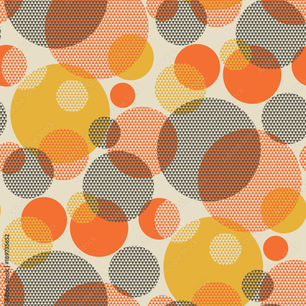 Geometric circle seamless pattern vector illustration in retro 60s style. Vintage 1970s ball geometry shapes abstract repeatable motif for carpet, wrapping paper, fabric, background. 