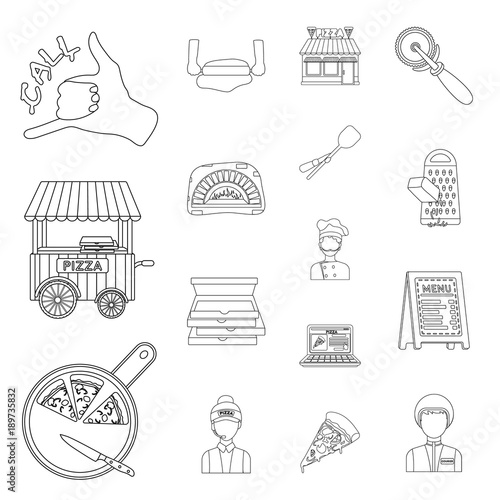 Pizza and pizzeria outline icons in set collection for design. Staff and equipment vector symbol stock web illustration.