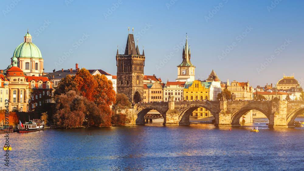Prague, Czezh Republic. Scenic autumn aerial view of the Old Town with red foliage
