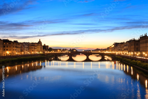 Panoramic view of Florence Tuscany City, Housing, Buildings and Ponte alla Carraia and Arno River with Twilight sky scene in the night image