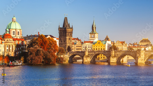 Prague, Czezh Republic. Scenic autumn aerial view of the Old Town with red foliage
