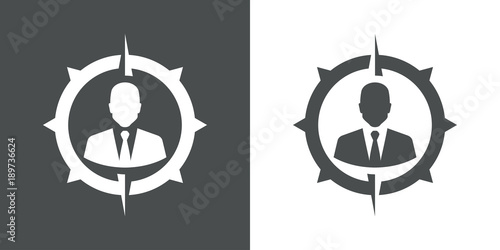 Icono plano hombre de negocios en brújula en gris y blanco