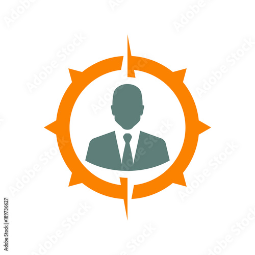 Icono plano hombre de negocios en brújula en color gris y naranja