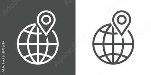 Icono plano mundo con puntero lineal en gris y blanco