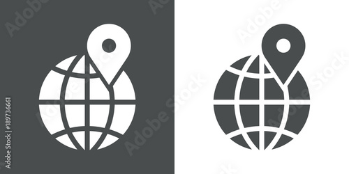 Icono plano mundo con puntero en gris y blanco