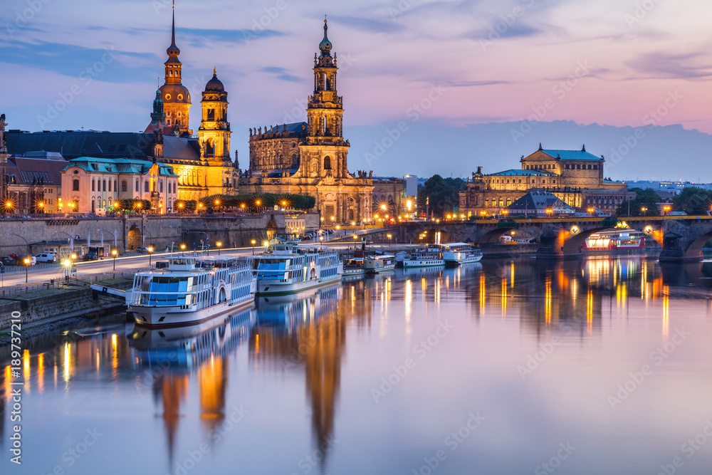 Dresden city skyline panorama at Elbe River and Augustus Bridge, Dresden, Saxony, Germany