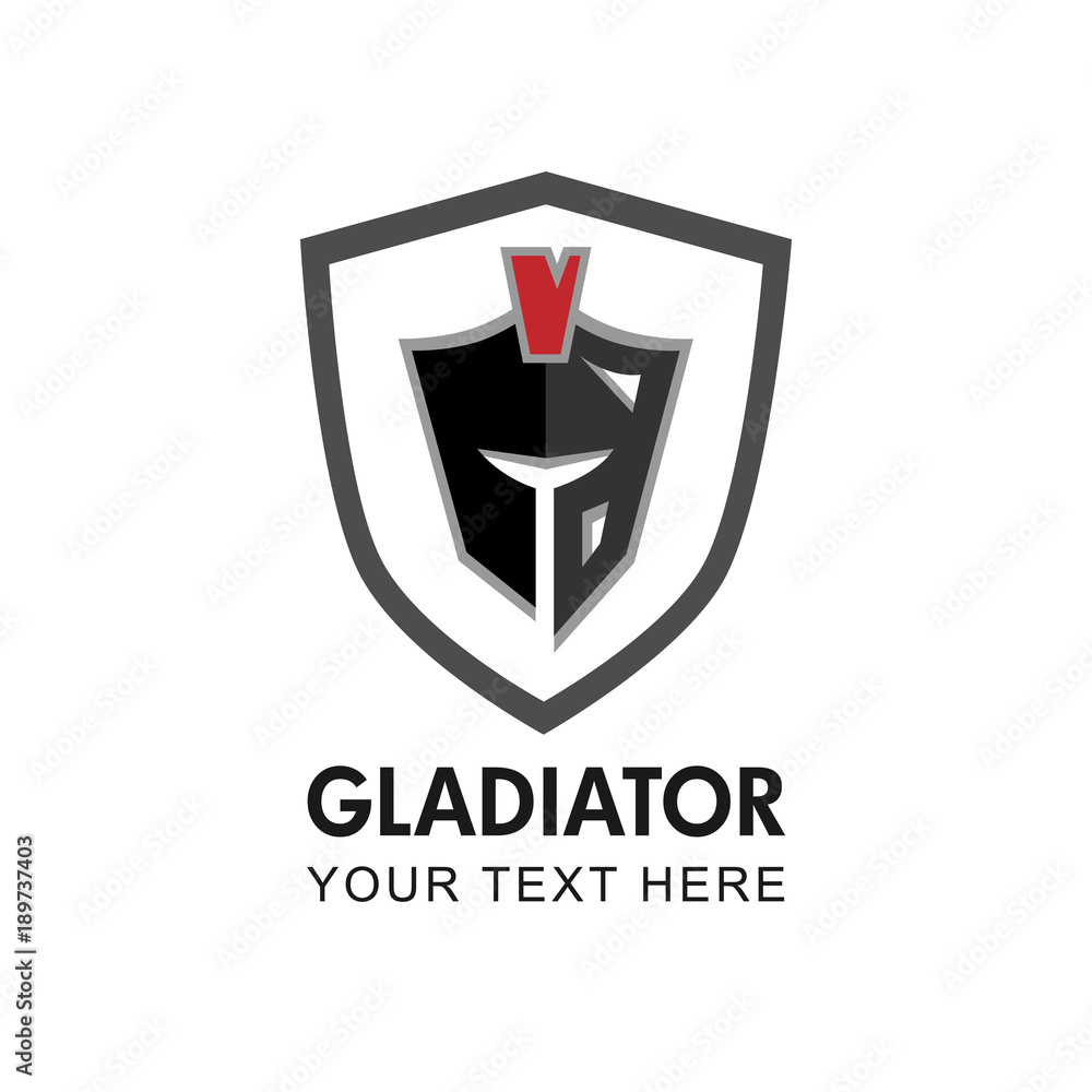 Gladiator themed vector graphic logo. Helmet of Roman warrior in shield, grey, black and red colored gladiator logo. Gladiator themed vector graphic logo. Helmet of Roman warrior in shield, grey, black and red colored gladiator logo.