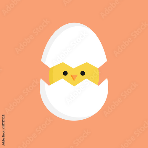 Cute little chick in cracked egg vector graphic illustration. Easter themed, yellow chicken cartoon with cracked eggshell, isolated on orange background.
