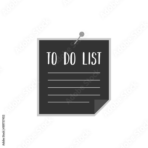 Dark grey paper, to do list with pin. To do list vector graphic icon, lined paper with bent right corner. Isolated on white background.