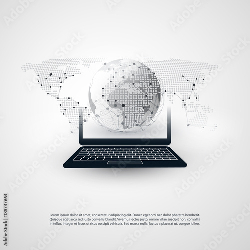 Abstract Cloud Computing, Global Networks Concept Design with Laptop, Wireless Mobile Device, Earth Globe and Transparent Spotted World Map - Illustration in Editable Vector Format