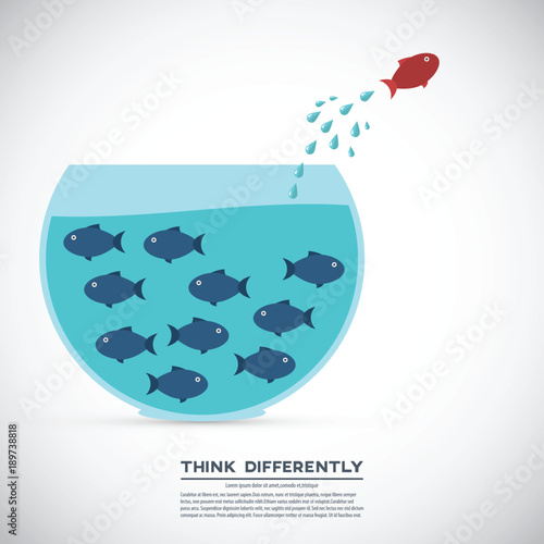 Think different business concept illustration, fish jumping outside the aquarium. New idea, change, trend, courage, creative solution, innovation and unique way concept.