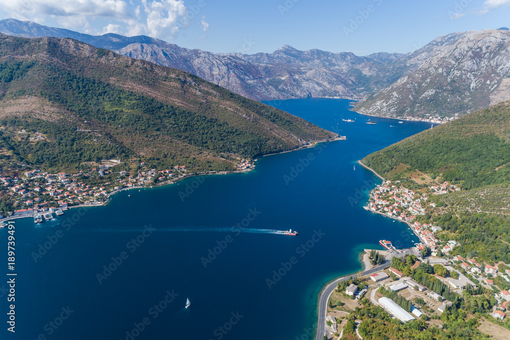 Aerial view on Lepetane Ferry. Montenegro.  