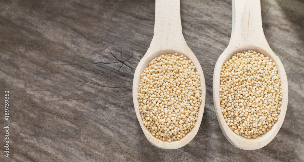 Amaranth seeds in wooden spoon (Amaranthus) Amaranth seeds in wooden spoon (Amaranthus)