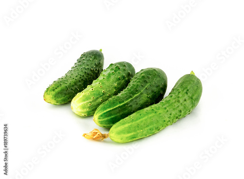 four delicious little prickly green cucumbers light bite on a white isolated background