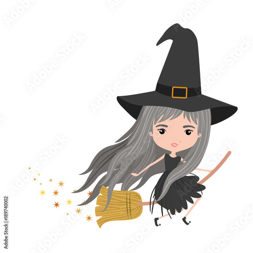 cute witch flying with broom colorful and trace of stars on white background vector illustration