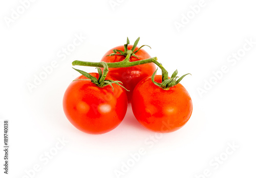 three tomato red juicy fruits branch of green on white background, vegetables one-piece symbol of healthy food ingredient salad