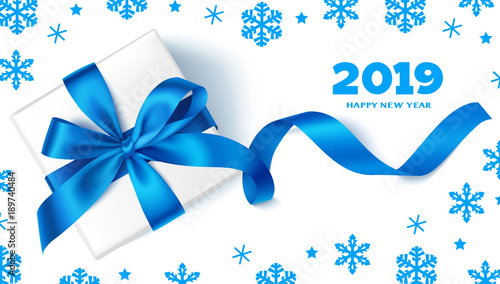 Happy New Year 2019.Decorative New Year background with gift box, blue bow, snowflakes and 2019 greeting text. Winter holiday template design