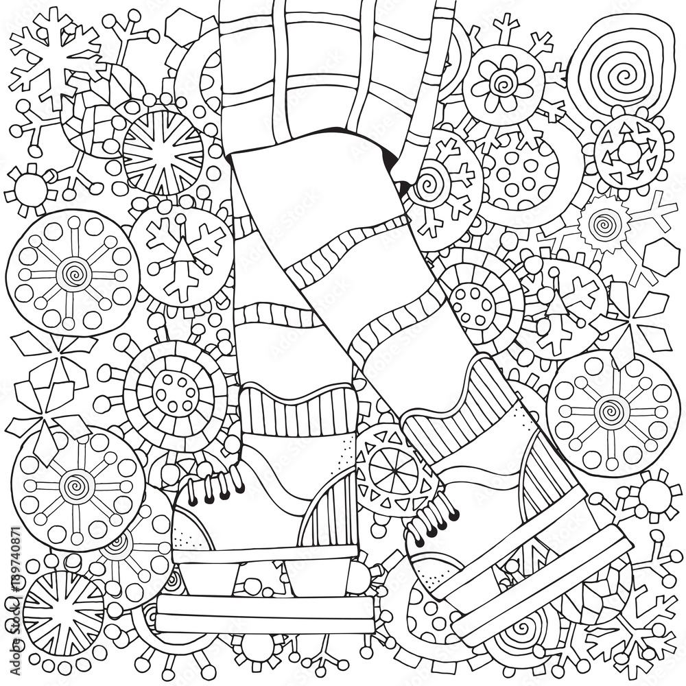 Winter Boy Skates Winter Snowflakes Adult Coloring Book Page Hand