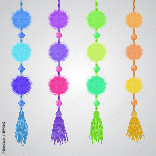 Pompon and tassels hanging vector garland. Textile fluffy decor for birthday celebrations, carnivals, kid's parties isolated on white. Cute embellishment for baby's room, toddler goods ads.