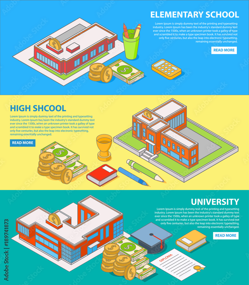 Investment in education concept vector flat isometric horizontal banner set