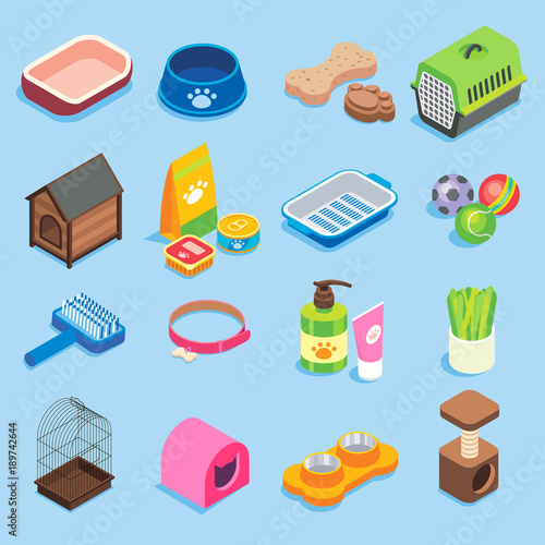 Pet store vector flat isometric icon set