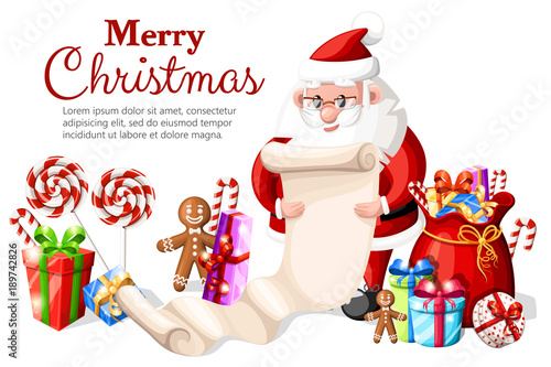 Santa Claus checking list with different gift box a bag with presents lollipops and gingerbread vector illustration with place for your text isolated on white background