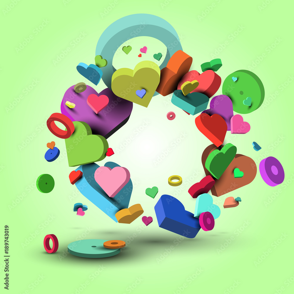 Fototapeta premium Background of multi-colored hearts, on the day of St. Valentine and March 8 - 3d vector eps10