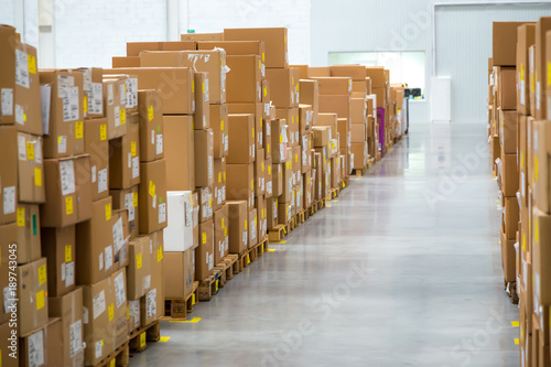 Large bright warehouse with a variety of carbon boxes ready to be delivered. 