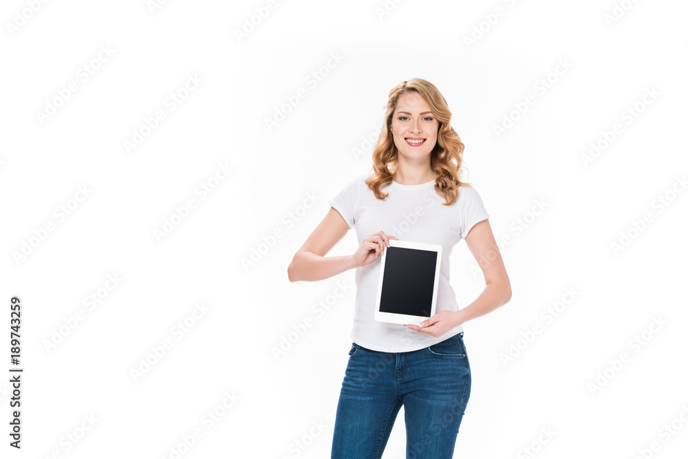 portrait of smiling woman showing digital tablet with blank screen isolated on white portrait of smiling woman showing digital tablet with blank screen isolated on white