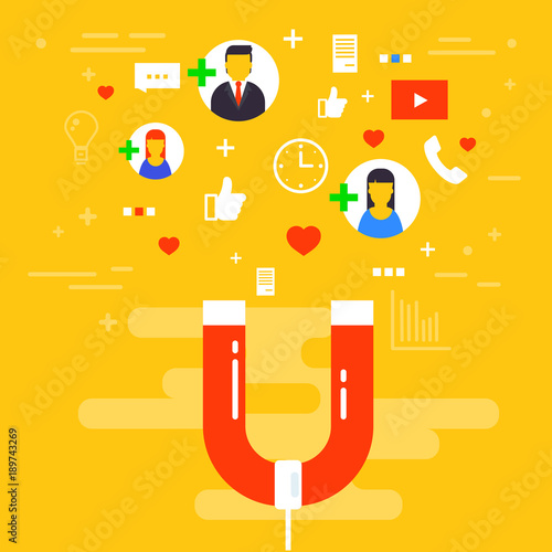 Social media concept vector illustration with magnet engaging followers and likes. Influence marketing or advertising campaign. Audience or customer retention strategy.