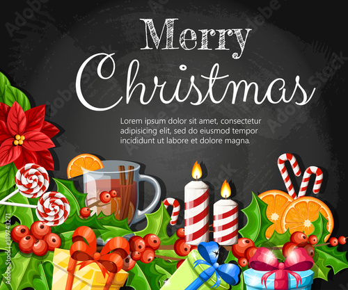 Christmas decoration red poinsettia flower and mistletoe with green leaves gingerbread orange slice canela stick vector illustration isolated on black background with place for your text
