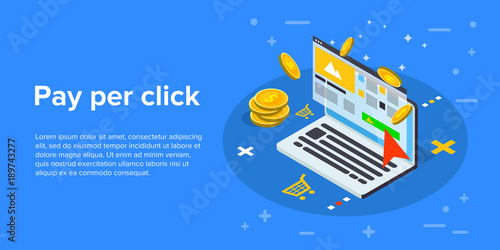Pay per click marketing isometric vector concept illustration. Ppc business or cpc advertising web banner. Cost per click technology background.