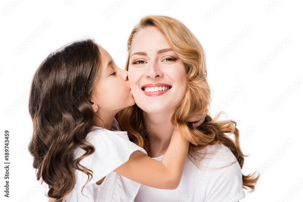 portrait of child kissing smiling mother isolated on white portrait of child kissing smiling mother isolated on white