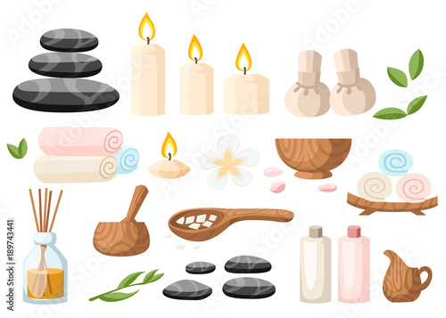 Colorfull spa tools and accessories black basalt massage stones herbs mortar rolled up towel oil gel and candles vector illustration on white and blue background