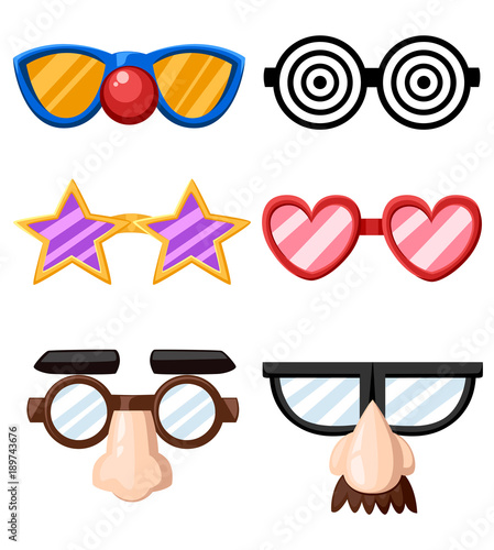 Set of funny glasses masks star heart nose clown mustache vector illustration isolated on white background website page and mobile app design