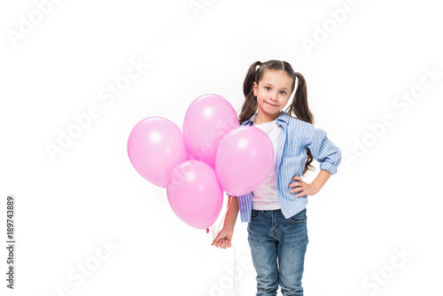 portrait of adorable little kid with pink balloons isolated on white