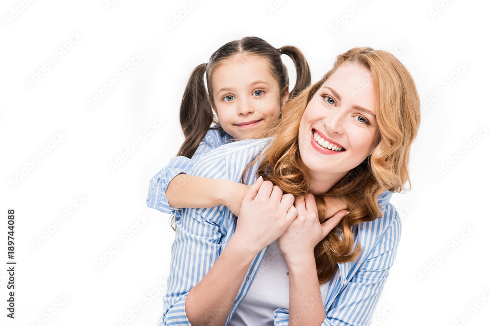 portrait of smiling daughter hugging happy mother isolated on white portrait of smiling daughter hugging happy mother isolated on white