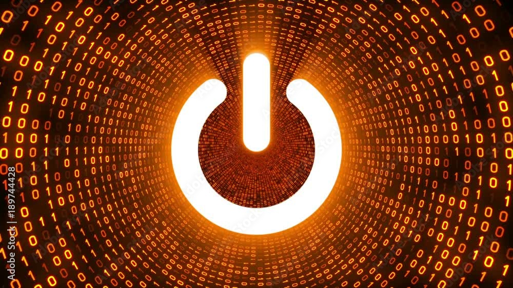 White on off button symbol form gold binary tunnel on black background ...
