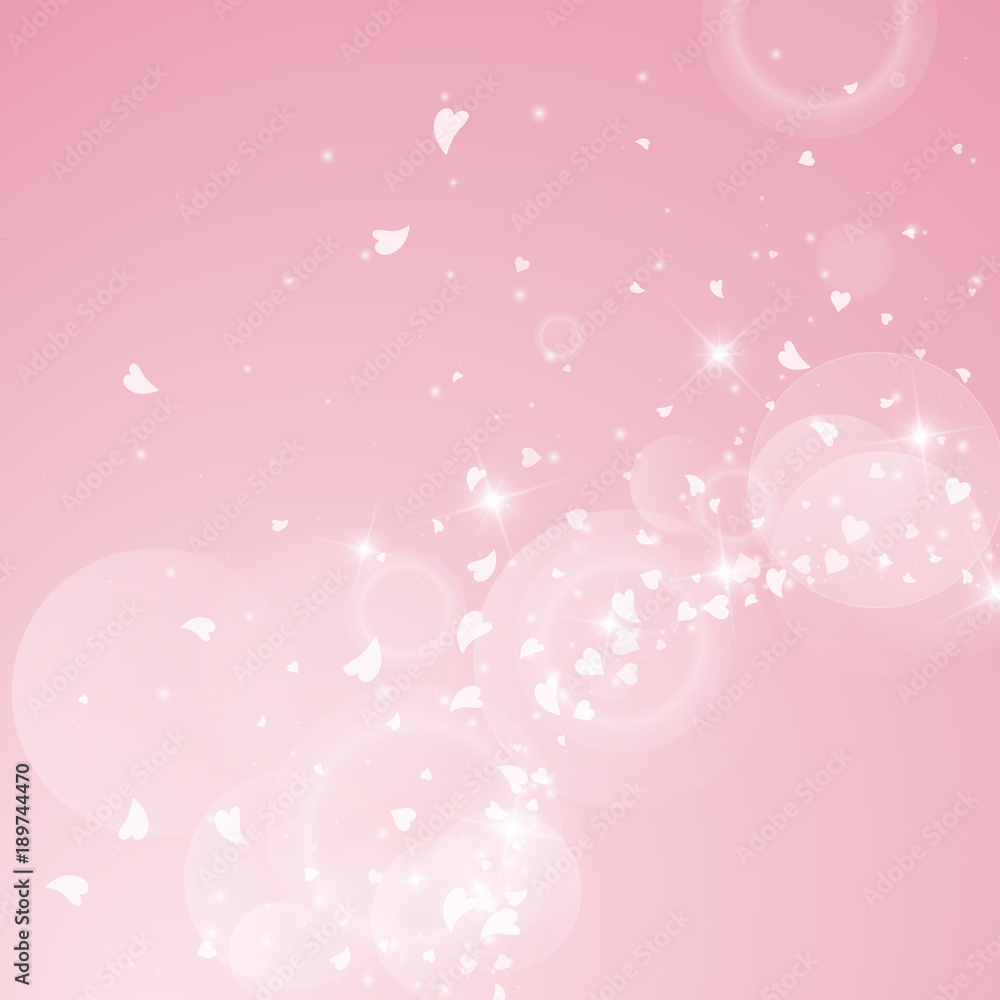 Falling hearts valentine background. Radiant right bottom corner on pink background. Falling hearts valentines day curious design. Vector illustration. Falling hearts valentine background. Radiant right bottom corner on pink background. Falling hearts valentines day curious design. Vector illustration.