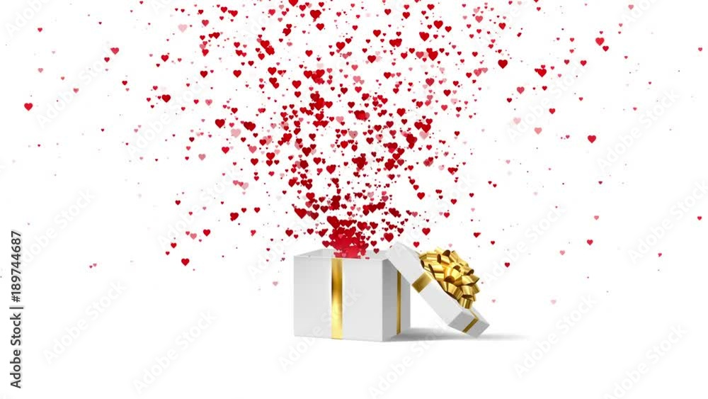 Open white holiday gift box with gold bow and with flow red and pink hearts. Valentines Day loop festive animation on the white background.