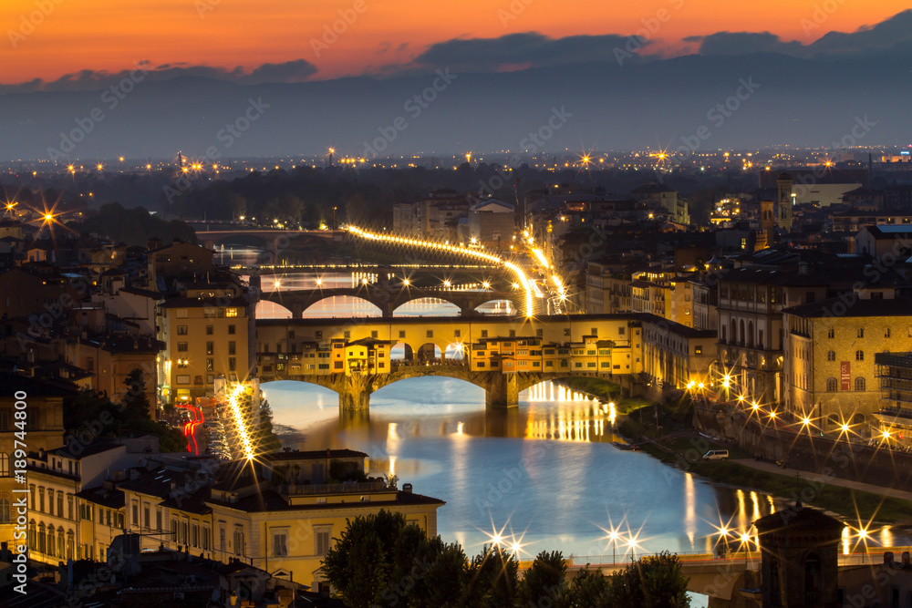 Great View of Ponte Vecchio at sunset, Firenze, Italy