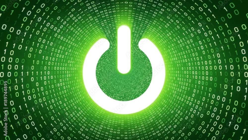 White on off button symbol form white binary tunnel on green background ...