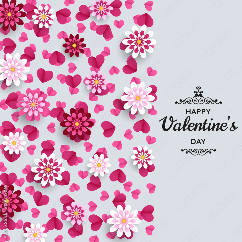 Happy Valentine Day background. Good design template for banner, greeting card, flyer. Paper art flowers and hearts. Vector illustration. Happy Valentine Day background. Good design template for banner, greeting card, flyer. Paper art flowers and hearts. Vector illustration.