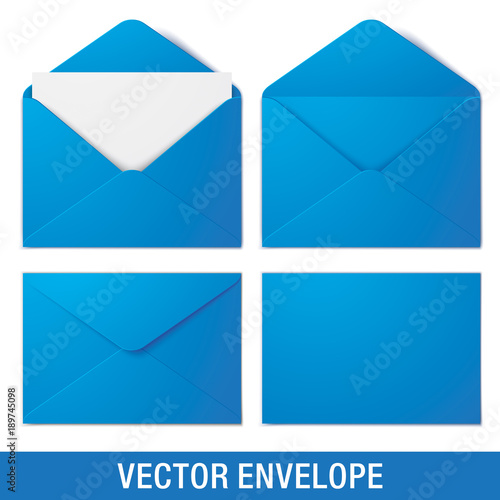 Set of blue vector envelopes in different views, isolated on a white background. Realistic blue vector envelope mockups.