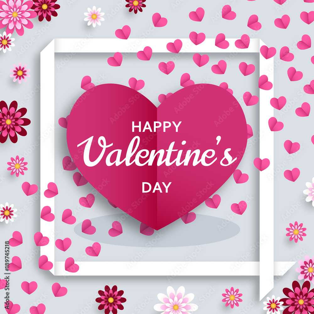 Happy Valentine Day background. Good design template for banner, greeting card, flyer. Paper art flowers and hearts. Vector illustration.