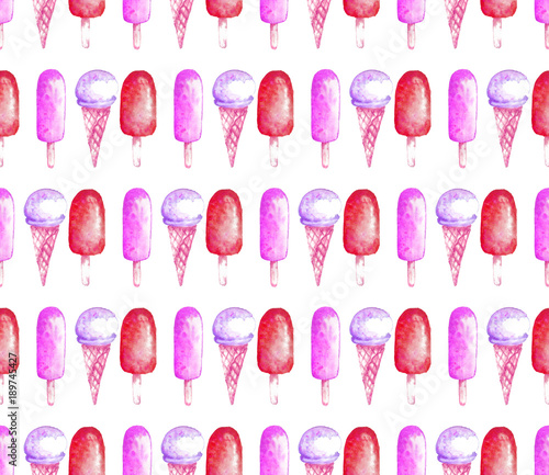 Seamless ice-cream pattern. Watercolor hand drawn summer print in unusual colors.